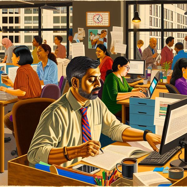 Drukke Kantooromgeving met Werkende Man Een drukke kantooromgeving met een man die aan zijn bureau werkt van negen tot vijf, omgeven door kantoorartikelen zoals papieren, computers en koffiekopjes.