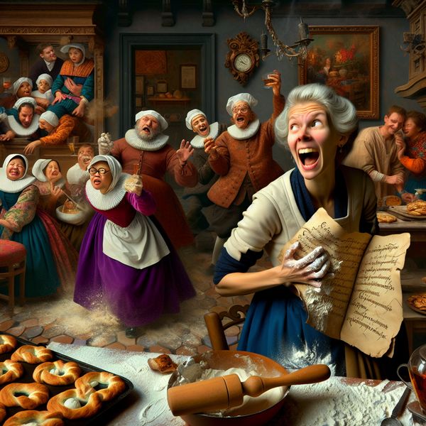 Drukke Keuken tijdens een Familiebijeenkomst in de Stijl van Jan Steen Een vrouw met een dog-eared bladzijde uit een receptenboek in een drukke keuken met kinderen en familieleden.