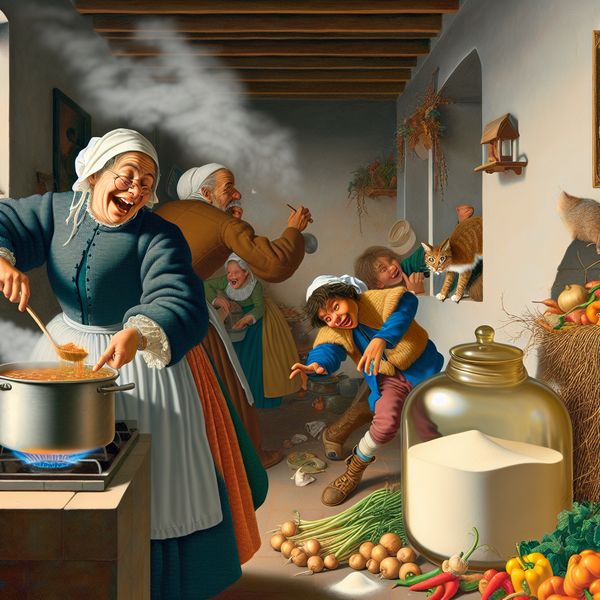 Drukke Keuken Scene met Kok en Kind Een drukke keuken met een blije kok die soep roert in een grote pan vol kleurrijke groenten, terwijl een speels kind suiker steelt en een kat toekijkt.