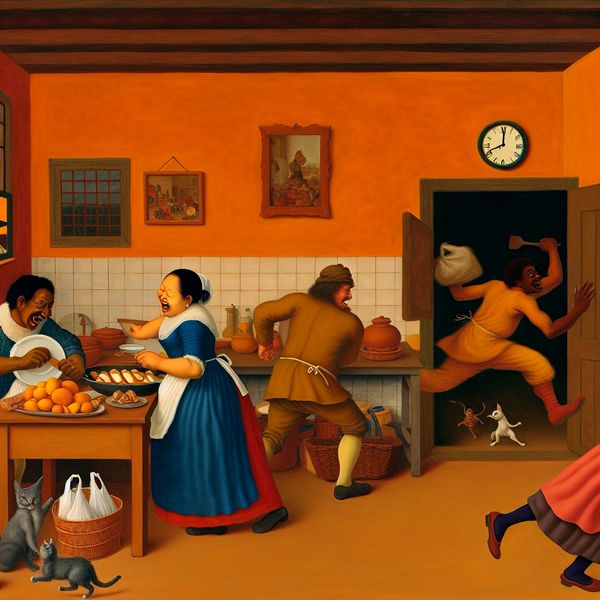 Drukke Keuken Scene met Snelheid en Urgentie Drukke keuken met mensen die snel eten voorbereiden en een kat die chaos veroorzaakt.