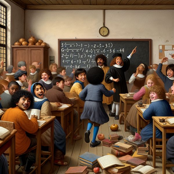 Interactieve Wiskundeles in een Diverse Klas Een drukke klas met diverse studenten die geconcentreerd werken aan een wiskundeprobleem op het bord, waarbij een meisje met krullend haar enthousiast haar hand opsteekt.