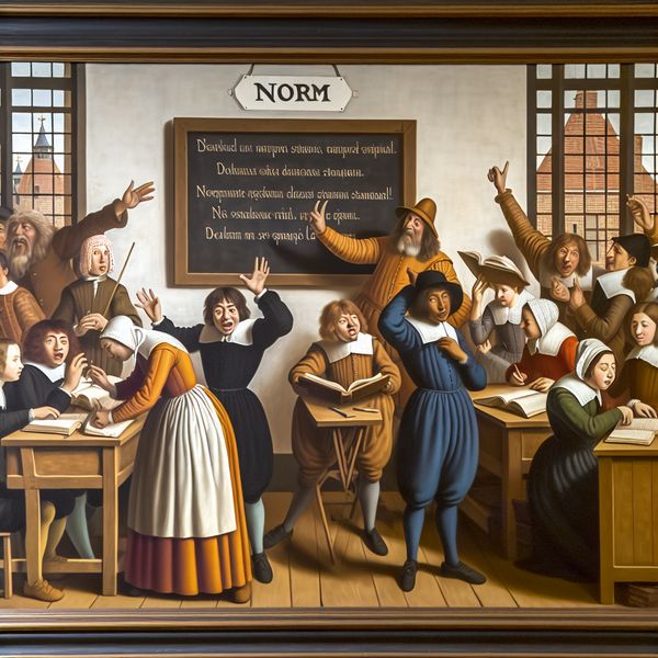 Drukke klaslokaal scène in de stijl van Jan Steen Een drukke klaslokaal met studenten van verschillende leeftijden en achtergronden, met een docent die voor het bord staat waarop 'Norm' staat geschreven.