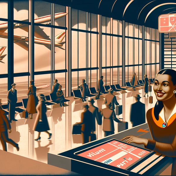 Moderne retro-futuristische afbeelding van een luchthaven Illustratie van een drukke luchthaven met reizigers en digitale vluchtinformatie, geïnspireerd door Jan van der Veken