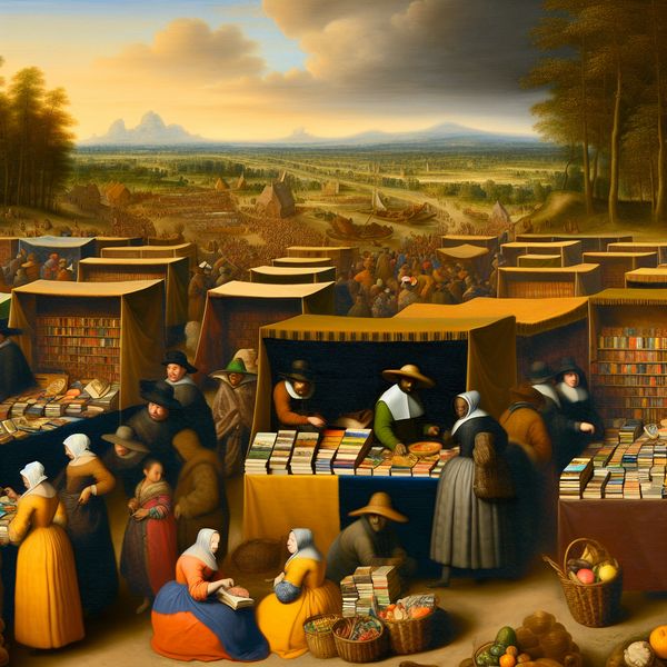 Drukke Marktscène met Boeken en Handel Een levendig marktlandschap met kramen vol boeken en mensen die onderhandelen, onder een dramatische lucht.