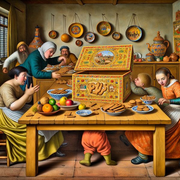 Gezin in een Binnenkeuken met Koekjesverpakking Een levendige keuken in Nederlandse stijl met een gezin rondom een houten tafel, met een grote doos koekjes op de voorgrond
