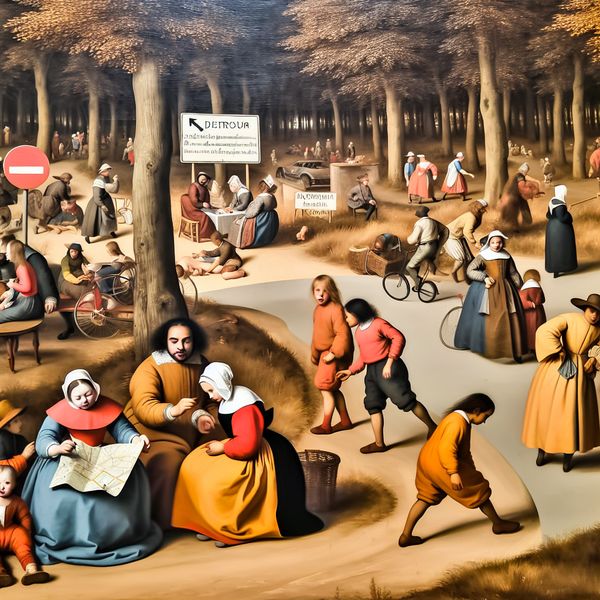 Drukke park scene met een familie die speelt en een stel dat een kaart bekijkt, omringd door bomen en bankjes.