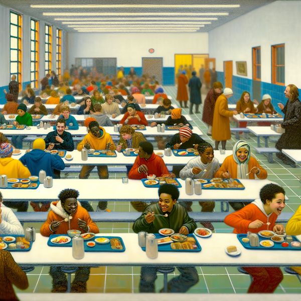 Drukke schoolkantine met studenten die samen hun maaltijden delen en genieten van het sociale samenzijn