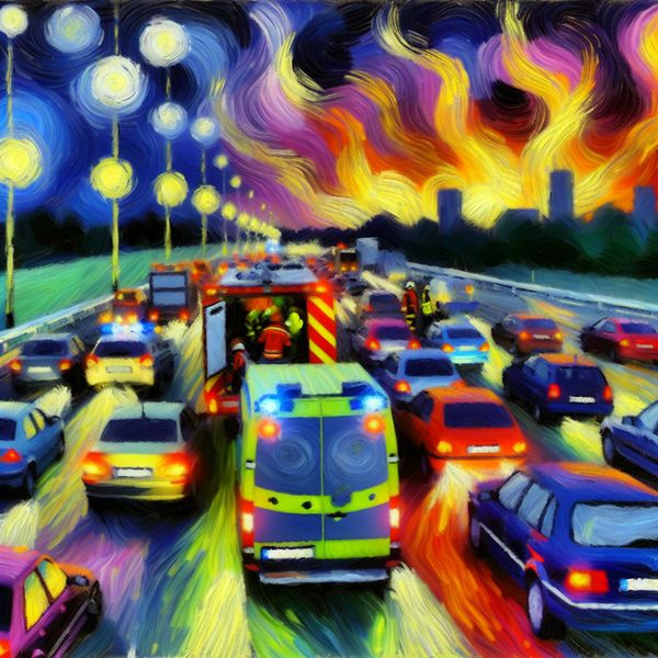 Ongevallen op drukke snelweg: onderbreking van verkeer Drukke snelweg met stilstaande auto's door een ongeval, onderbroken verkeersstroom en aankomende hulpdiensten.