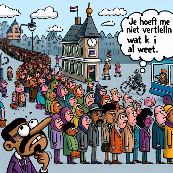 Cartoon scene van een persoon op een druk busstation, met een speech bubble die hun gedachten uitdrukt, en een grote kloktoren op de achtergrond.