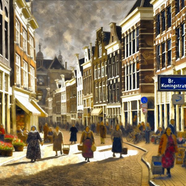 Drukke straat 'Br. de Koningstraat' met traditionele architectuur Drukke straat met het bord 'Br. de Koningstraat', vol met voetgangers en traditionele Nederlandse architectuur.