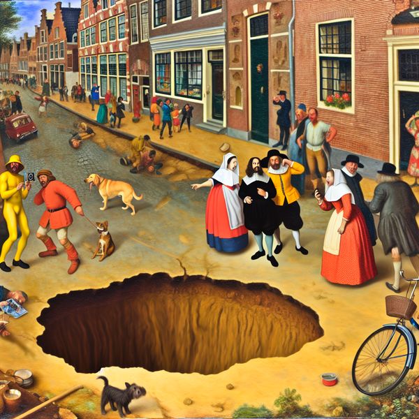 Drukke straat met geologische sinkhole Een drukke straat met een grote sinkhole, omringd door nieuwsgierige mensen en een verwonderde hond.
