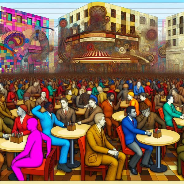 Levende straatscène die samenklontering illustreert Drukke stedelijke straat met een diverse menigte mensen en een levendig café