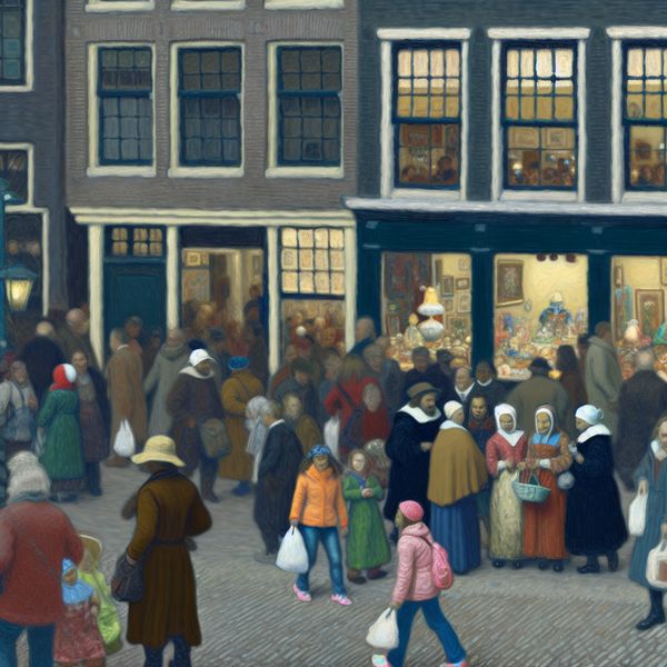 Drukke Straatscene tijdens Feestdagen Drukke straatscene tijdens een feestdag met een diverse mensenmenigte die winkelt en geniet van straatoptredens.