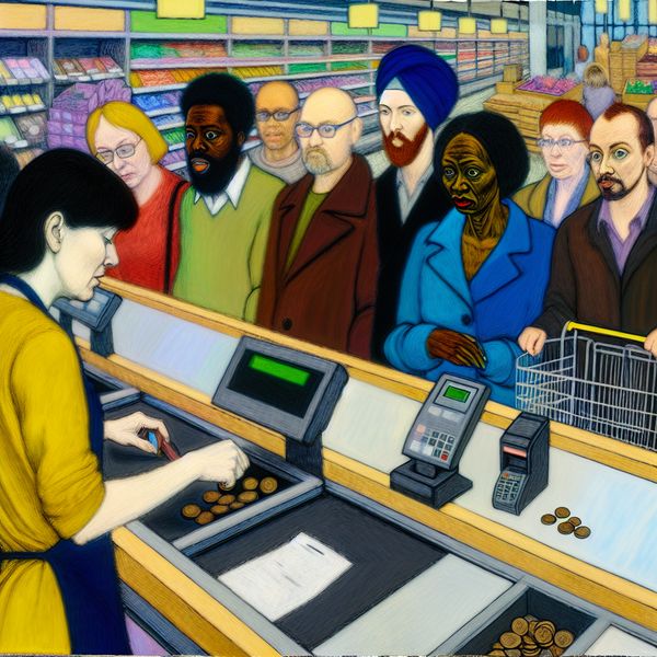 Supermarkt kassa scène met wachtende klanten en caissière - Nederlandse woordenschat Drukke supermarktscène in de stijl van Frans Hals met een lange rij klanten bij de kassa, levendige gezichtsuitdrukkingen en een actieve caissière