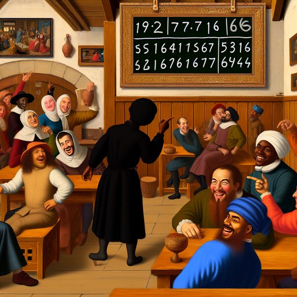 Illustratie van een drukke taverne waar mensen lachen en een man naar een krijtbord kijkt vol met cijfers en vraagtekens, wat duidt op een gokspelletje.