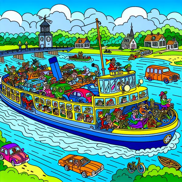 Drukke veerboot over de rivier met voertuigen en personages Kleurrijke cartoonachtige afbeelding van een drukke veerboot vol voertuigen zoals auto's en fietsen, die een rivier oversteekt.