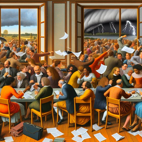 Drukke vergaderzaal met diverse deelnemers en lawaai Een chaotische vergaderzaal met diverse mensen die druk met elkaar praten, papieren die rondvliegen, en gezichten vol frustratie en opwinding.
