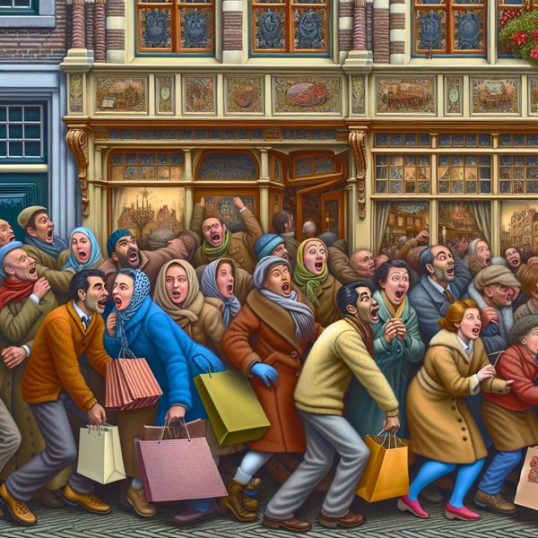 Drukke Vintage Winkelstraat Tijd voor de Uitverkoop Drukke straat met enthousiaste klanten die naar een vintage winkel dringen tijdens een uitverkoop, met gedetailleerde, oude inrichting.
