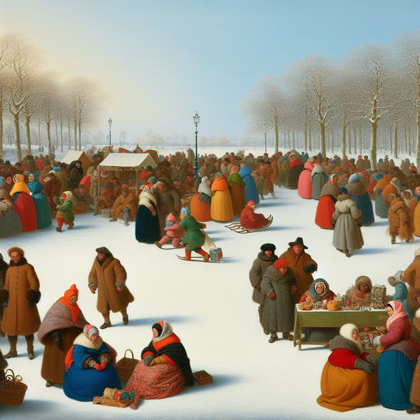 Drukke winterse activiteit in een park Druk winterscène in een park met mensen in kleurrijke winterkleding, vrienden die winkelen bij een kraampje en anderen die van een besneeuwde heuvel sleeën.