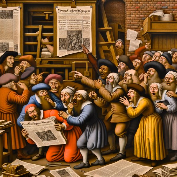 Historische drukkerij scène met een kop van een krant uit de 17e eeuw Drukkerswinkel met enthousiaste toeschouwers rond een grote krant met een opvallende kop, in de stijl van Jan Steen.