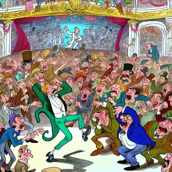 Drukte betekenis: chaotische cartoon scène met herrie en gedoe Cartoonachtige chaos met expressieve personages die een enorme herrie maken terwijl een artiest het podium betreedt, illustrerend het informele woord 'drukte'