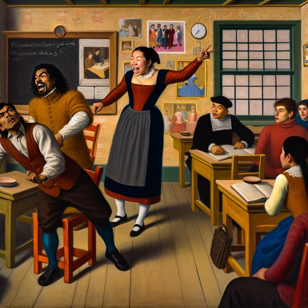 Leraren en leerlingen in een levendige klasomgeving Leerling op een stoel die de aandacht van de leraar vraagt in een drukke klas
