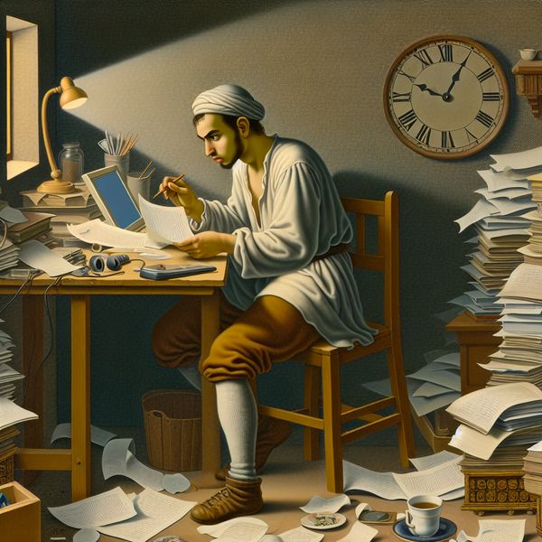 Drukte aan het werk: jongeman in hectische omgeving Jongeman omringd door boeken en papieren, druk aan het werk aan zijn computer in een lichte, serene kamer.
