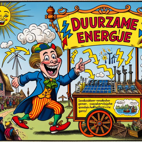 Duurzame Energie: Cartoon over Energiebronnen Een vrolijke cartoonfiguur staat bij een marktkraam en wijst naar een bord met de tekst 'Duurzame Energie', omringd door zonne-energiebronnen.
