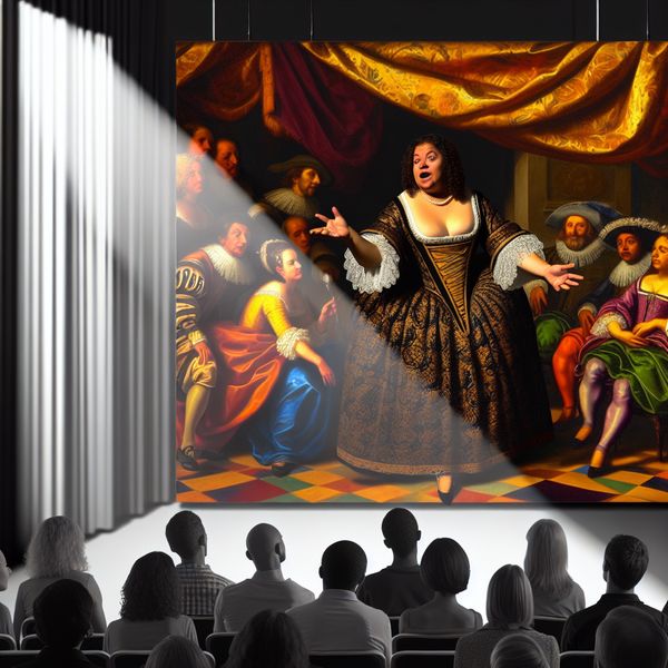 Duidelijke Communicatie in Barokke Stijl Een vrouw spreekt duidelijk en zelfverzekerd tegen een diverse groep mensen in een barokke zaal.