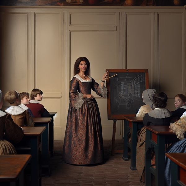17e-eeuwse Nederlandse klas met een leraar die een duidelijke uitleg geeft aan aandachtige leerlingen in historische kleding