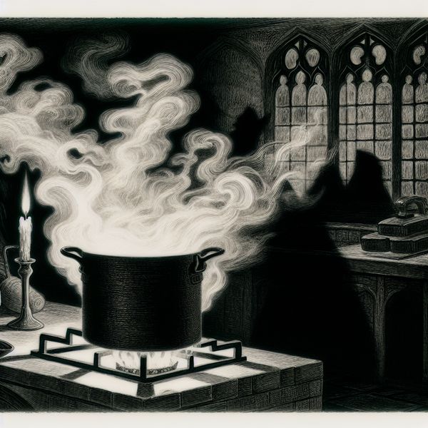 Verontrustende Keuken: Hints van Gasuitstoot en Geestelijke Aanwezigheid Donkere keuken verlicht door kaarslicht, met een kokende pan die damp en gas uitzendt.