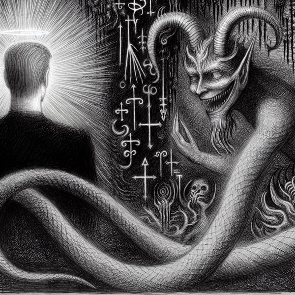 Symbolische voorstelling van de duivel als kwade geest in christelijke mythologie, met hoorns, een slangachtige staart en schaduwtentakels die een mens verleiden