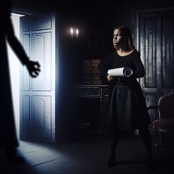 Jonge vrouw toont innerlijke kracht door moedig een intimiderende baas te confronteren in een donker, gotisch kantoor met symbolische lichtinval