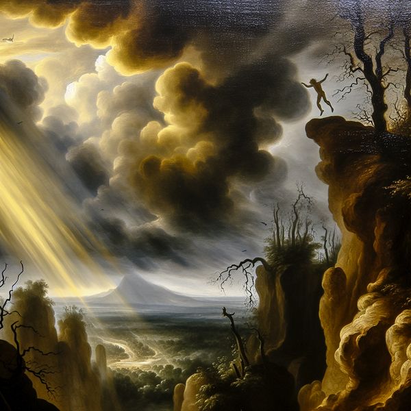 Durven en risico nemen in dramatisch Nederlands landschap - moed en avontuur 17e-eeuws Nederlands landschap met dramatische lucht en persoon op klif die durft te springen, symboliserend moed en risico nemen