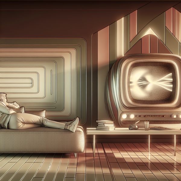 Dutjes op de Moderne Bank in een Cozy Woonkamer Een persoon dommelt op een moderne bank in een gezellige woonkamer met retro-futuristische decoratie.