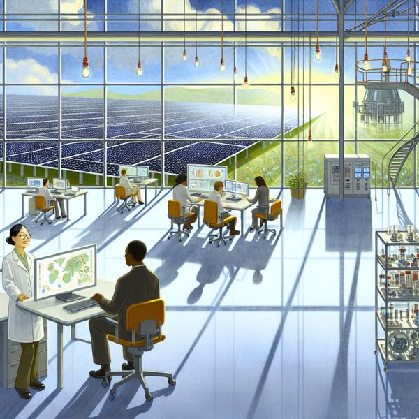 Een moderne werkruimte van het duurzame energiebedrijf DET met een diverse groep ingenieurs en wetenschappers die samenwerken aan groene innovaties.