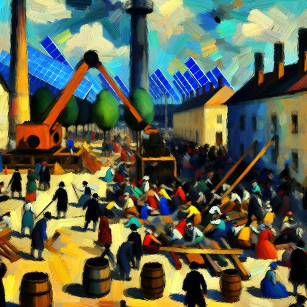 Levendige marktplaats die overstapt van fossiele brandstoffen naar duurzame energie, geschilderd in de stijl van Frans Hals