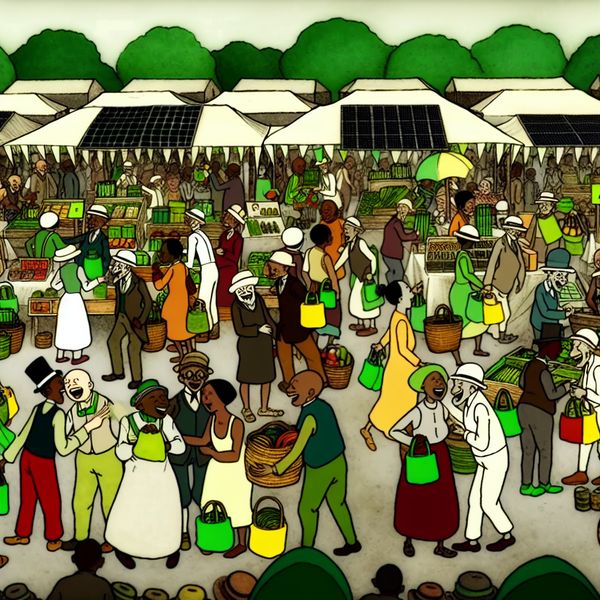 Een levendig cartoonesk tafereel van een drukke markt met diverse mensen die enthousiast duurzame producten kopen.