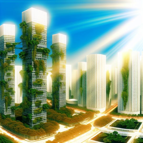 Hyperrealistisch surrealistisch stadsbeeld met groene gebouwen en zonnepanelen, symbool voor ecologische verantwoordelijkheid en duurzaamheid