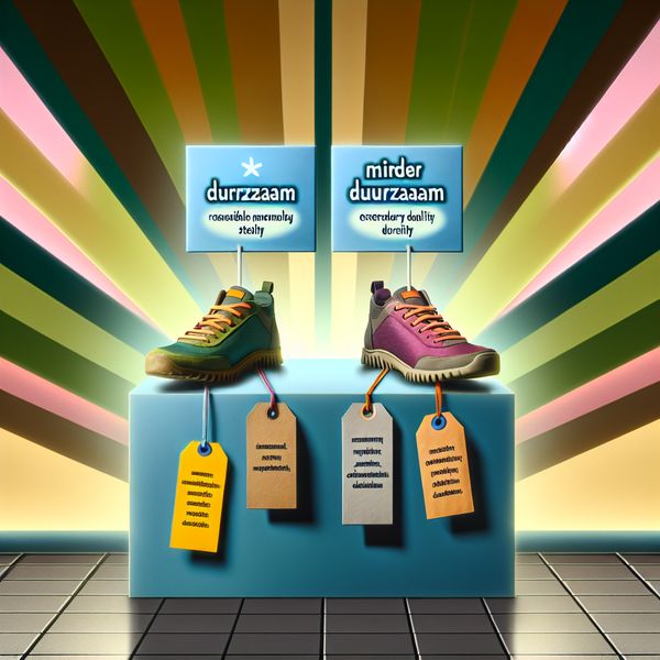 Vergelijking van duurzame en minder duurzame schoenen Twee paar schoenen op een platform, één kleurrijk en stijlvol met het label 'duurzaam', de ander saai en gelabeld als 'minder duurzaam'