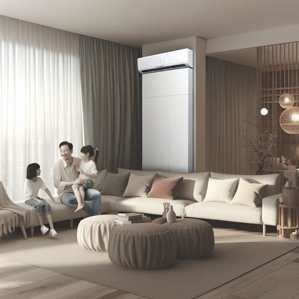 Duurzame woonkamer met energiezuinige warmtepomp Moderne woonkamer met duurzame warmtepomp, elegante meubels en een gezin dat samen geniet.