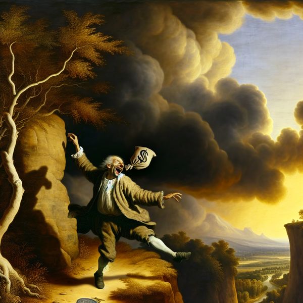 17e-eeuwse Nederlandse landschapsschilderij van een dwaze man die een zak met munten van een klif gooit, symboliserend onverstandig gedrag