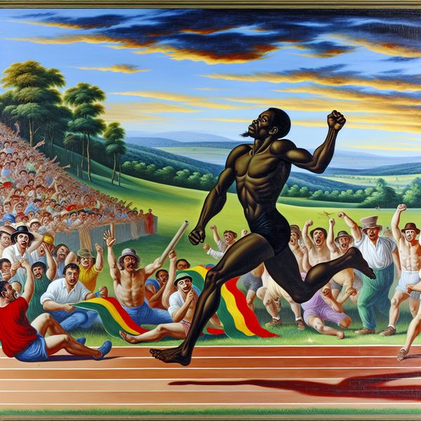 Dynamisch Atletiek Evenement met Atletische Sprint Een atletische atleet die rent tijdens een atletiekwedstrijd, omringd door juichende toeschouwers en kleurrijke banners, met een weelderig landschap op de achtergrond