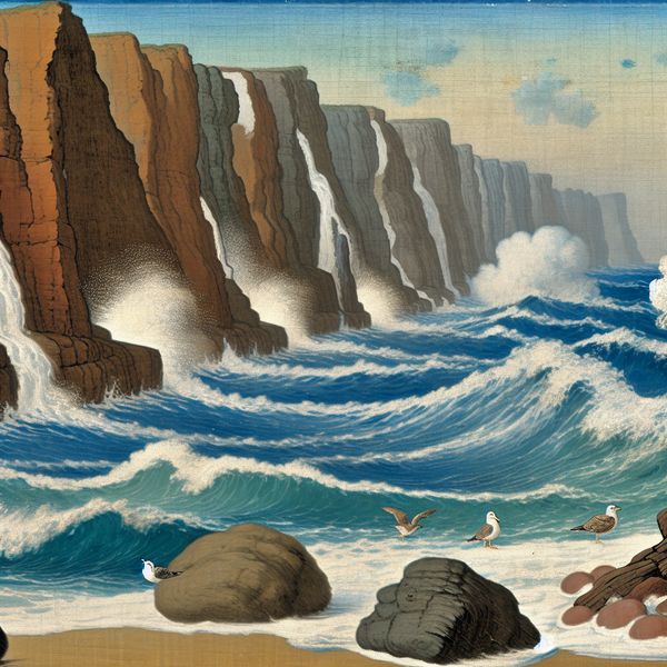 Dynamisch kustlandschap met slijtage van kliffen Dynamisch kustlandschap met golven die rotsachtige kliffen slijten, met spelende meeuwen op de voorgrond.