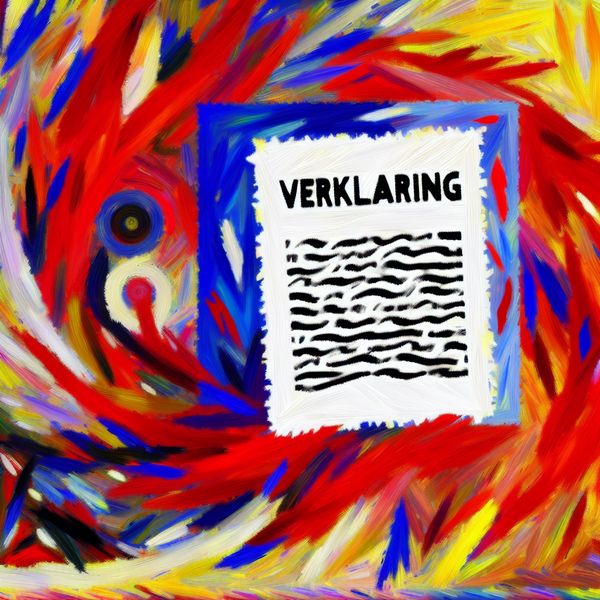 Dynamische abstracte kunst geïnspireerd door Willem de Kooning Abstracte compositie in de stijl van Willem de Kooning met de tekst 'verklaring' op een wit papier, omringd door krachtige kleuren.