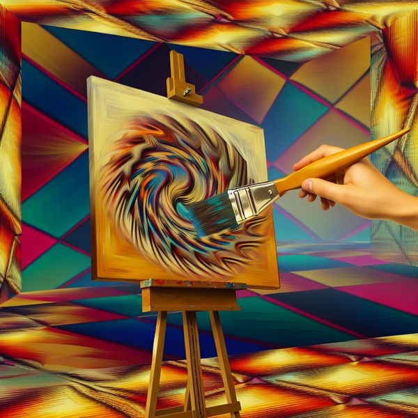 Dynamische actie van schilderen in Escher-stijl Dynamisch schilderij met een kwast in beweging, kleurrijke streken op een canvas en een geometrische omgeving in de stijl van M.C. Escher.