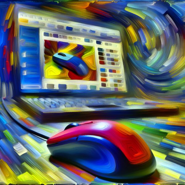 Dynamische Beweging van een Computer Muis op Bureau Een kleurrijke muis die over een computerbureau beweegt, met een helder scherm vol open vensters op de achtergrond.
