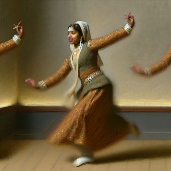 Dynamische danser in beweging met drie stappen naar links, geschilderd in levendige stijl met losse penseelstreken