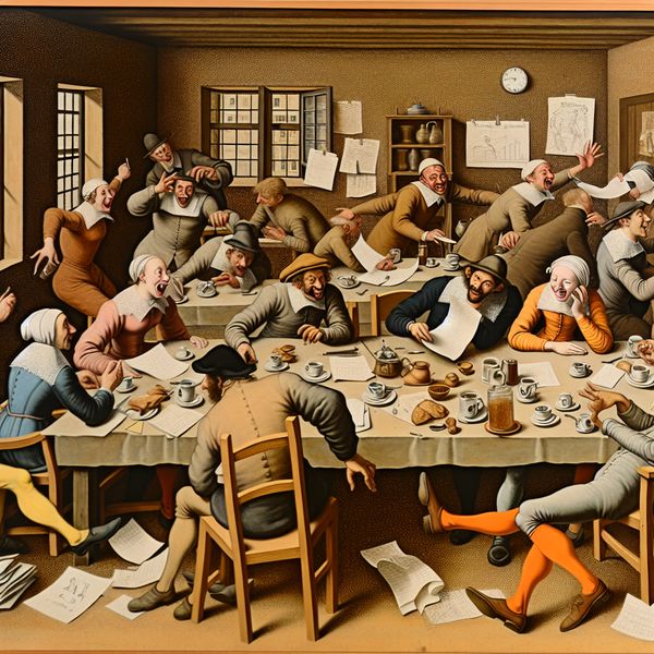 Luchtige scènes van een kantoormeeting in Jan Steen-stijl