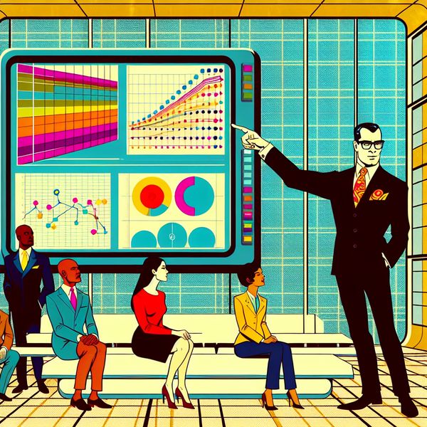 Dynamische kantooromgeving met supervisor en medewerkers Een supervisor in een net pak wijst op een digitaal display met grafieken, terwijl diverse medewerkers oplettend notities maken in een moderne kantoorsetting.